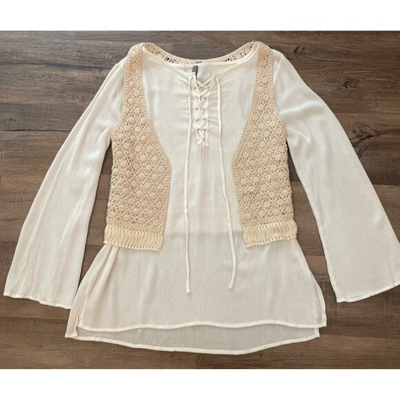 Jesse & J Womens Crochet Lace-Up Blouse Cream Long Sleeve Boho Hippie - Picture 1 of 5